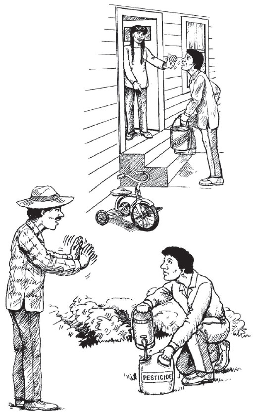 man telling workers to not use chemical containers at home