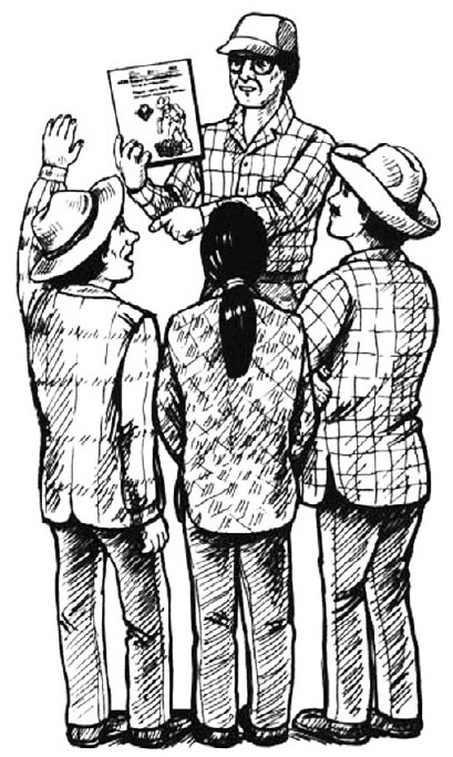 boss showing workers information book