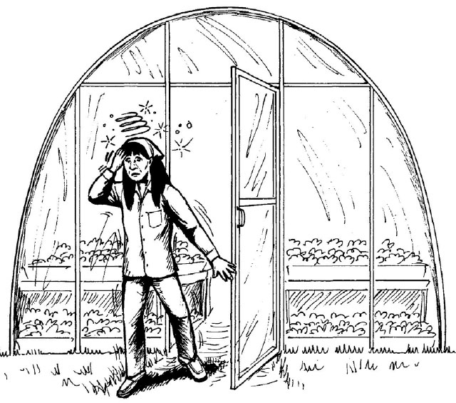 sick woman walking out of greenhouse